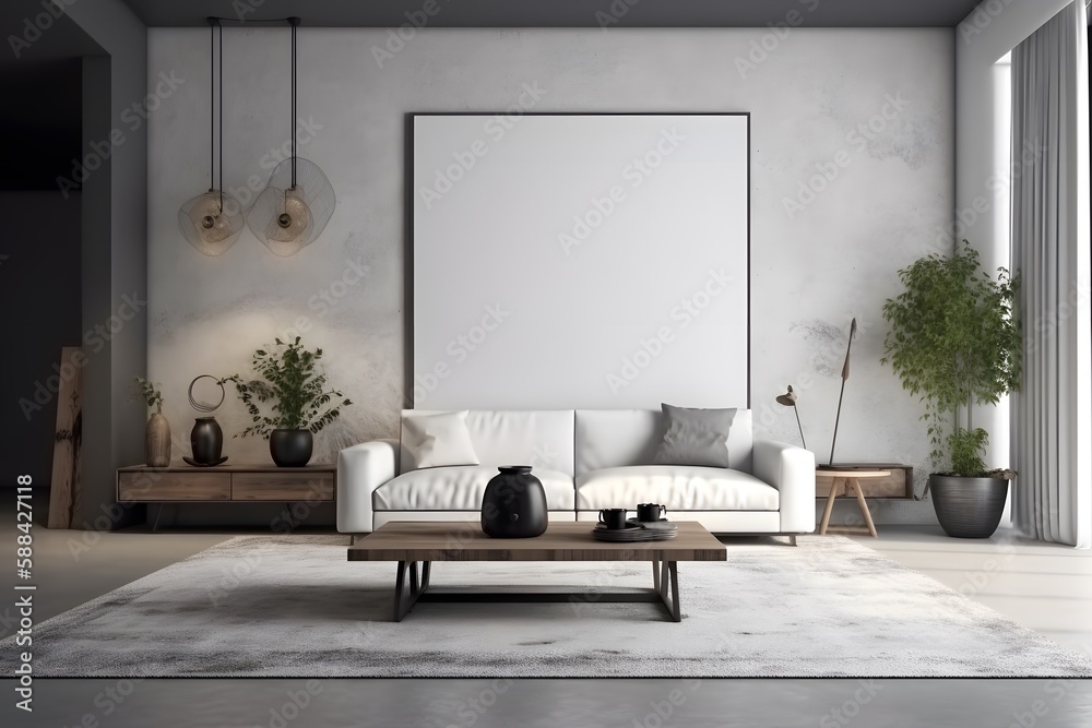 3d style of modern living room with white sofa and coffee table, decorative wall with embossed panels, carpet on concret floor. Frame mockup. Generative Ai. 3d style of modern living room with white sofa and coffee table, decorative wall with embossed panels, carpet on concret floor. Frame mockup. Generative Ai.