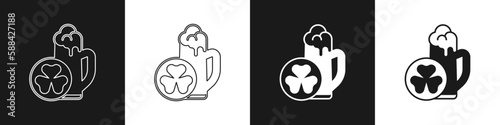 Set Glass of beer icon isolated on black and white background. Happy Saint Patricks day. National Irish holiday. Vector