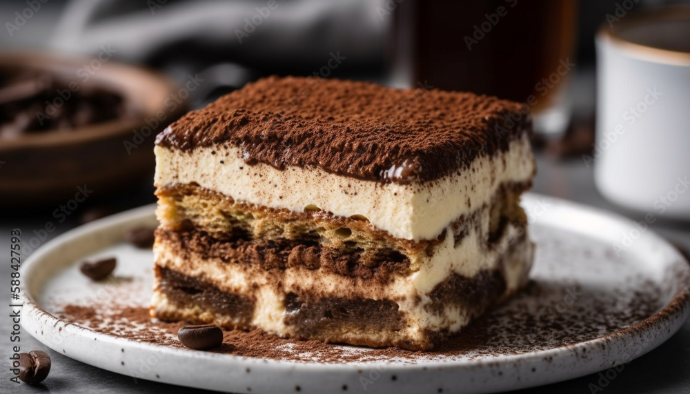 Layered chocolate tiramisu cake with mascarpone cream generated by AI Layered chocolate tiramisu cake with mascarpone cream generated by AI