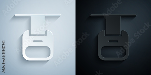 Paper cut Cable car icon isolated on grey and black background. Funicular sign. Paper art style. Vector