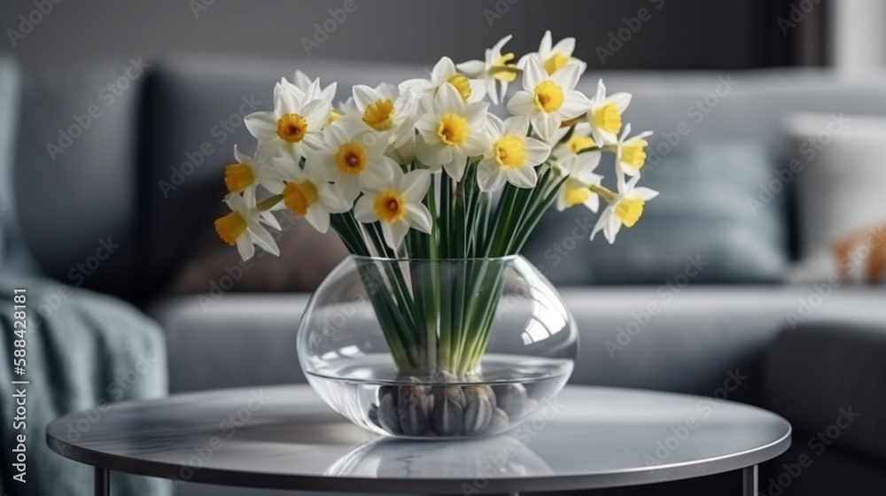 Vase with beautiful daffodils on table in living room.generative ai Vase with beautiful daffodils on table in living room.generative ai