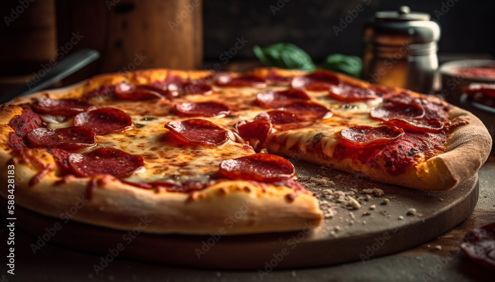 Rustic homemade pizza cooked indoors on wood generated by AI