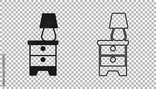 Black Furniture nightstand with lamp icon isolated on transparent background. Vector