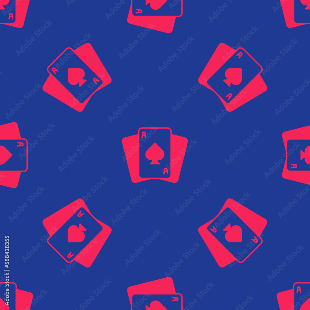 Red Playing cards icon isolated seamless pattern on blue background. Casino gambling. Vector Red Playing cards icon isolated seamless pattern on blue background. Casino gambling. Vector