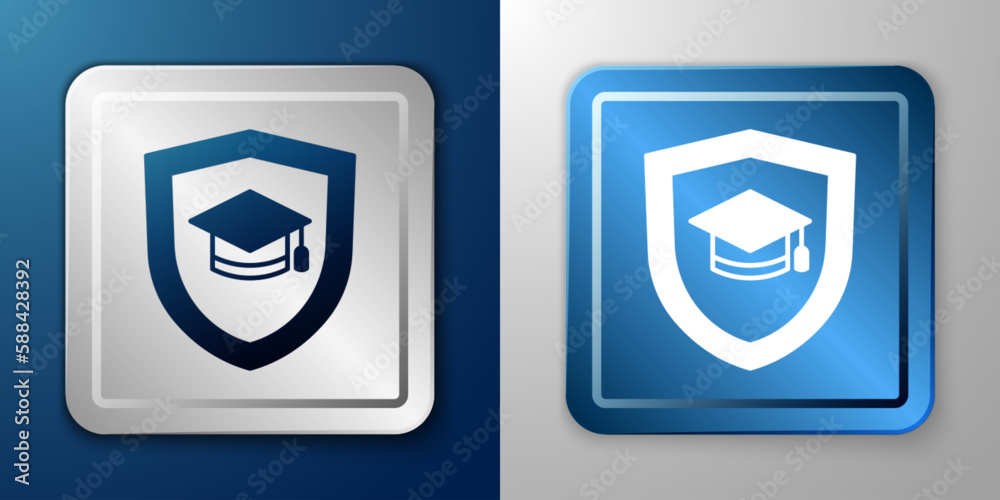 White Graduation cap with shield icon isolated on blue and grey background. Insurance concept. Security, safety, protection, protect concept. Silver and blue square button. Vector White Graduation cap with shield icon isolated on blue and grey background. Insurance concept. Security, safety, protection, protect concept. Silver and blue square button. Vector