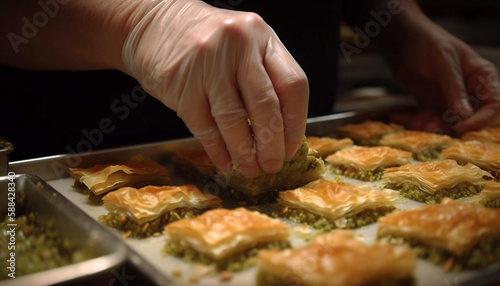 Baklava slice stuffed with sweet dough and honey generated by AI