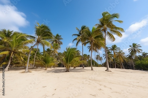 Palm trees and tropical empty sandy beach. AI generated content © Elena