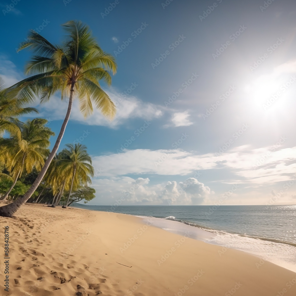Palm trees and tropical empty sandy beach. AI generated content