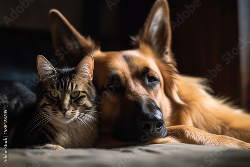 Cat and dog sleeping together. Generative AI