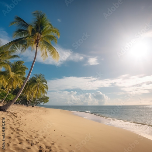 Palm trees and tropical empty sandy beach. AI generated content © Elena