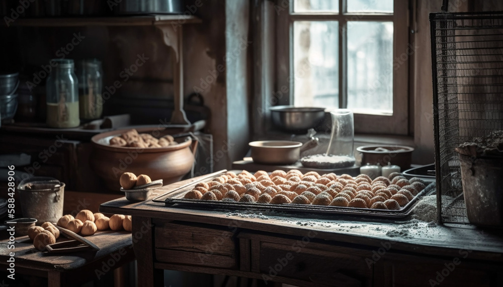 Homemade bread baking in rustic oven indoors generated by AI