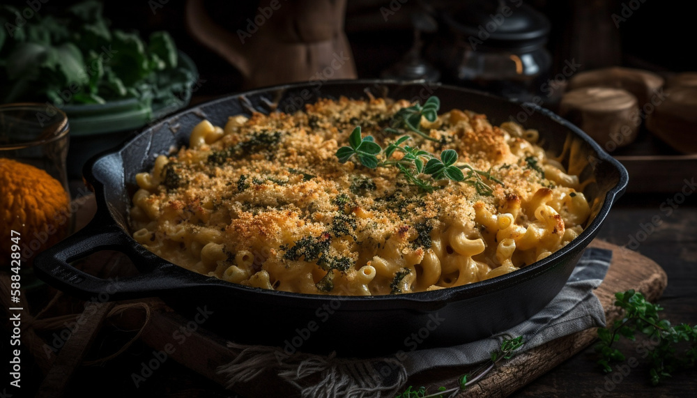 Homemade vegetarian casserole cooked on rustic table generated by AI