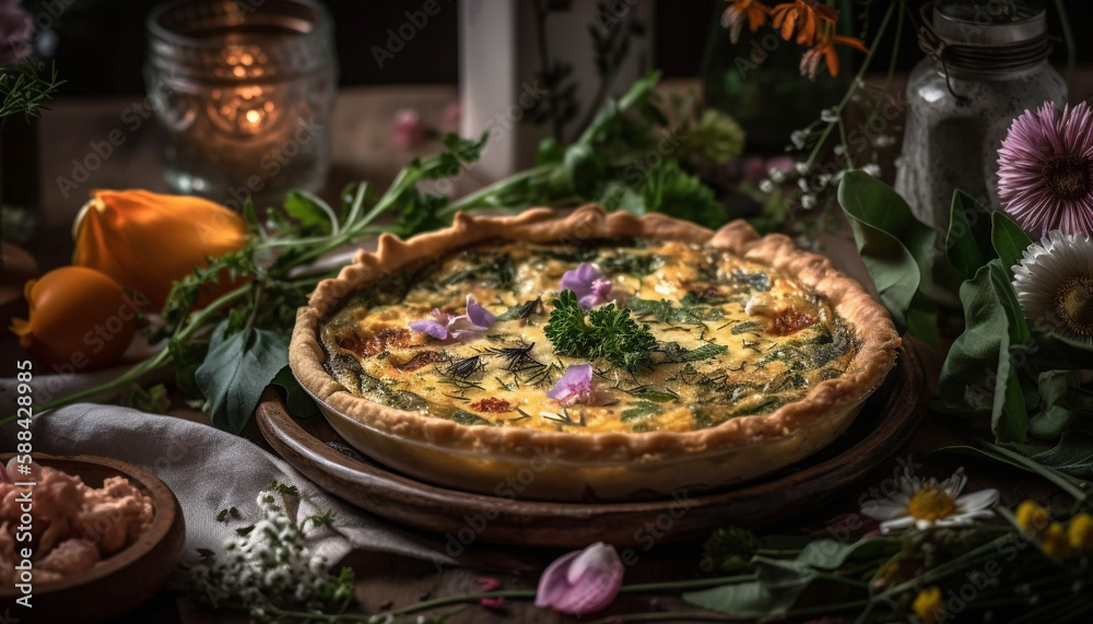 Rustic homemade quiche baked with fresh vegetables generated by AI