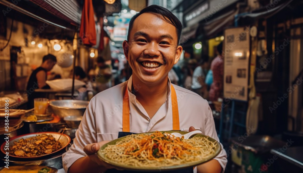 Smiling adult chef cooking up Asian cuisine generated by AI