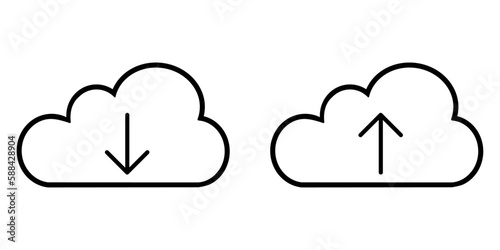 Upload, download icon set, cloud storage file send flat style black outline vector symbol with line arrow. Modern, simple illustration graphic design for web, mobile, app, internet. Isolated object.