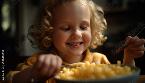 Smiling curly-haired girl eating food in kitchen generated by AI