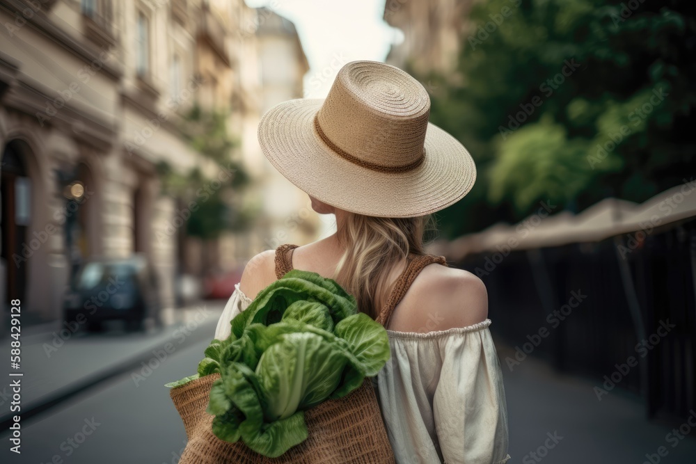 Young woman with textile grocery bag and vegetables on city background. AI Generated.