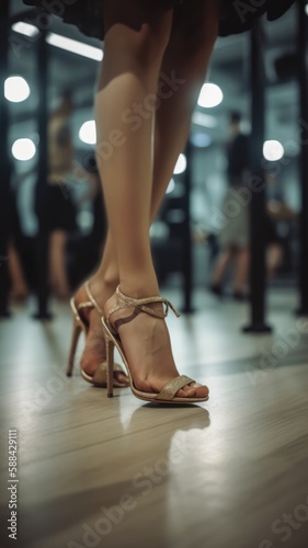 Dancing woman's legs in high-heeled sandals. AI Generated.