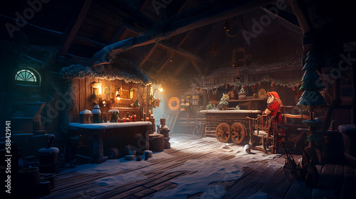Santa Claus Sitting in Winter Sunlight, In his Christmas Workshop with Toy Making Tools, Festive Decorations.