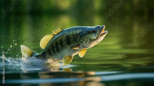 Largemouth Bass Summer Lake jumping for insects created with Generative AI Technology, ai, generative