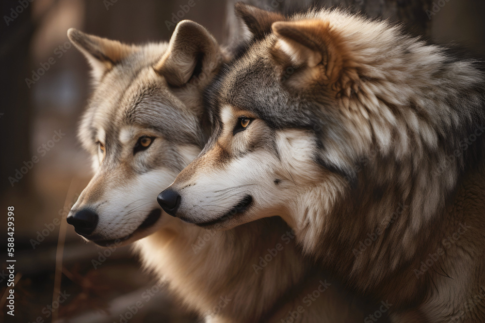A couple of beautiful and affectionate brown wolves. Generative AI. 
