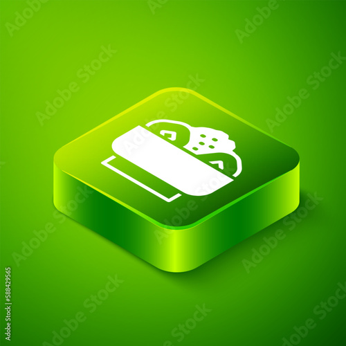 Isometric Chow mein on plate icon isolated on green background. Asian food. Green square button. Vector
