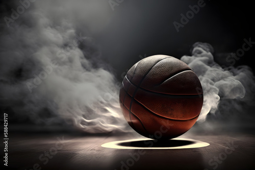 Basketball on court floor close up in smoke, Generative AI