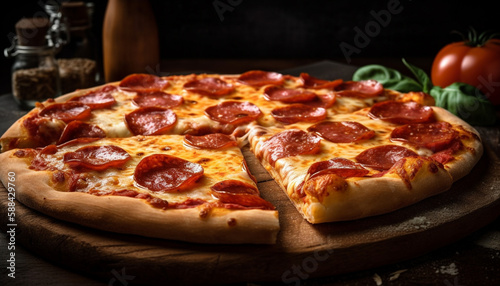 Melting mozzarella atop freshly baked gourmet pizza generated by AI
