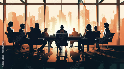 A group of business people meet in a meeting room to discuss further business plans and how to implement them. AI generated illustration.