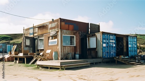 Tiny houses made out of used shipping containers with wooden external cladding, glamping, glamorous camping, AI generative