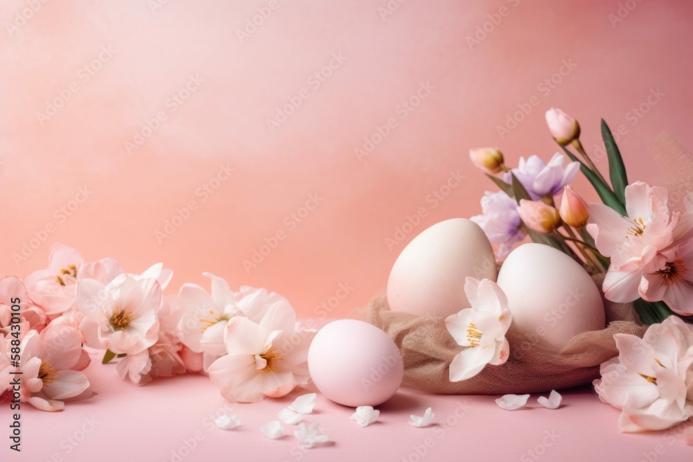 Pink Easter Background with Eggs & Flowers - Generative AI