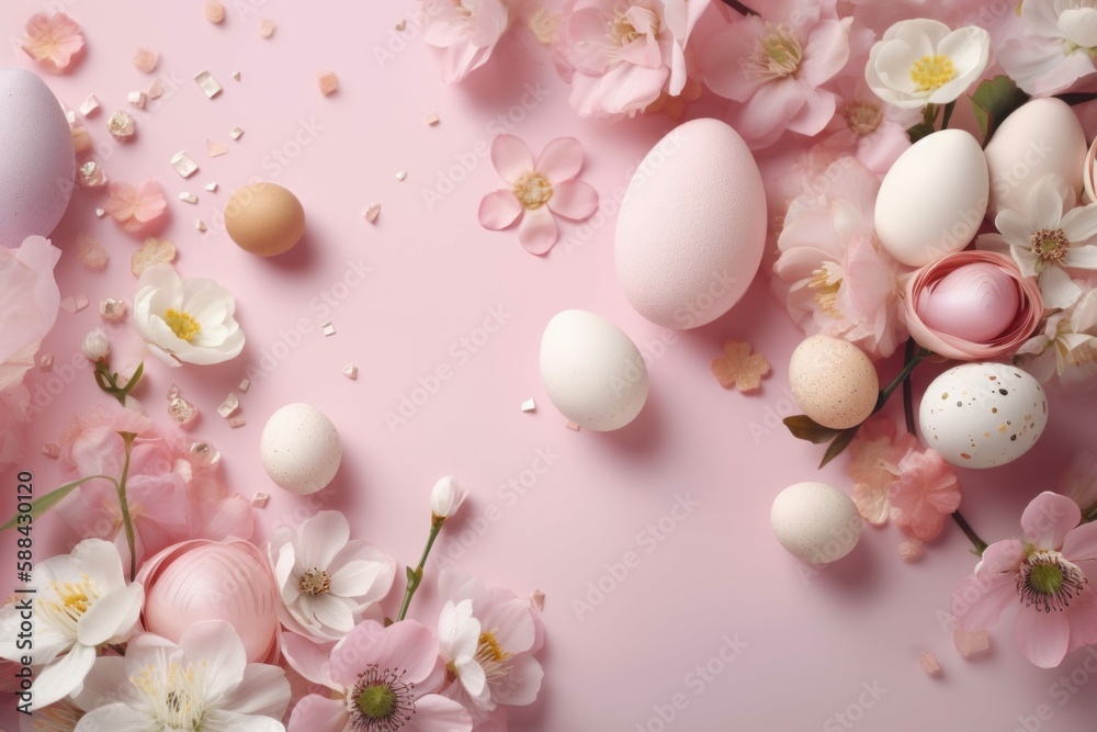 Pink Easter Background with Eggs & Flowers - Generative AI
