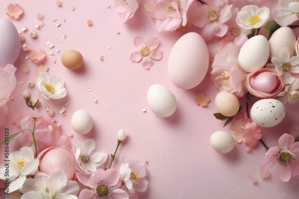 Pink Easter Background with Eggs & Flowers - Generative AI Pink Easter Background with Eggs & Flowers - Generative AI