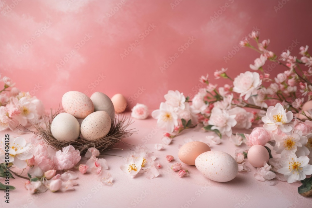 Pink Easter Background with Eggs & Flowers - Generative AI