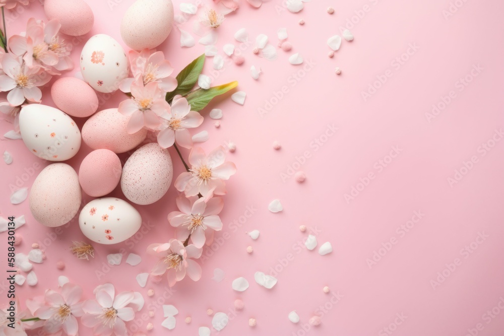 Pink Easter Background with Eggs & Flowers - Generative AI Pink Easter Background with Eggs & Flowers - Generative AI