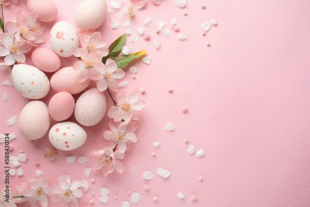 Pink Easter Background with Eggs & Flowers - Generative AI