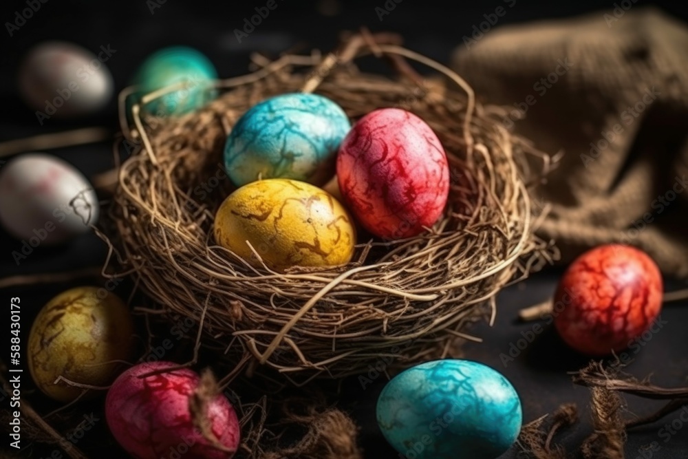 Colorful Easter Nest with Eggs - Generative AI Colorful Easter Nest with Eggs - Generative AI