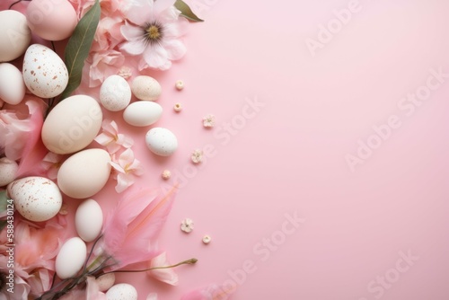 Pink Easter Background with Eggs   Flowers - Generative AI