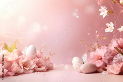 Pink Easter Background with Eggs   Flowers - Generative AI