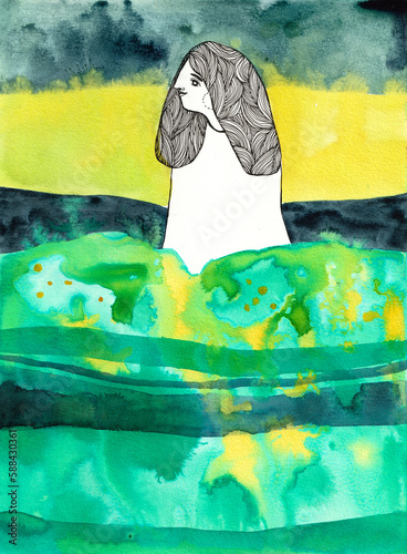 Girl between green water and a yellow sky