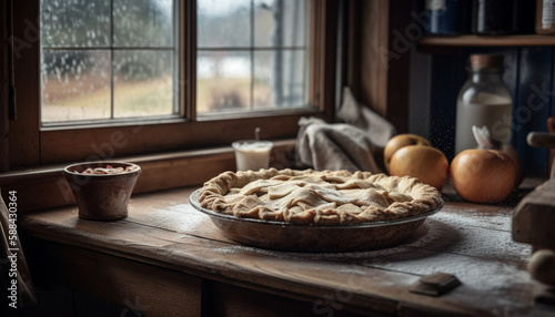 Freshly baked apple pie on rustic wooden table generated by AI