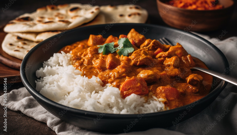 Gourmet curry bowl with freshly cooked Basmati rice generated by AI Gourmet curry bowl with freshly cooked Basmati rice generated by AI