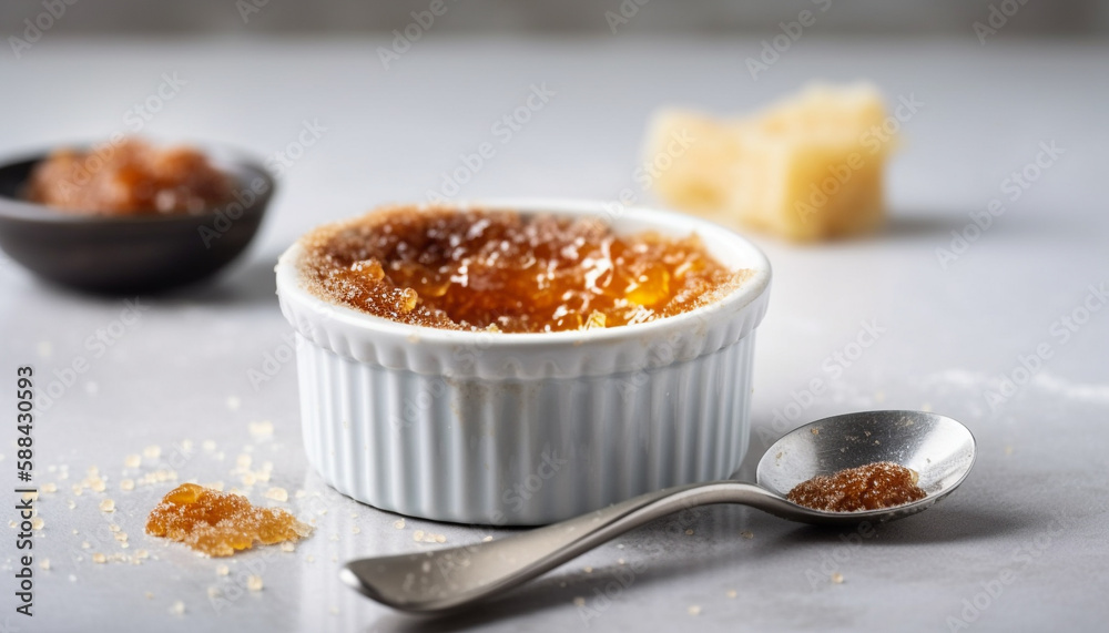 Ready-to-eat vanilla creme brulee topped with caramel generated by AI Ready-to-eat vanilla creme brulee topped with caramel generated by AI