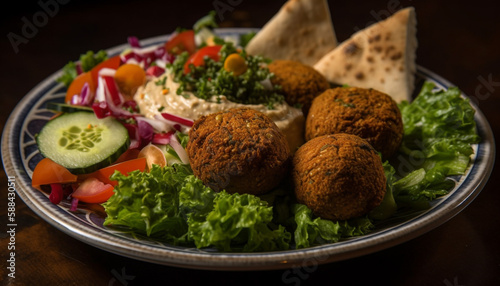 Healthy gourmet veggie bowl with falafel and hummus generated by AI