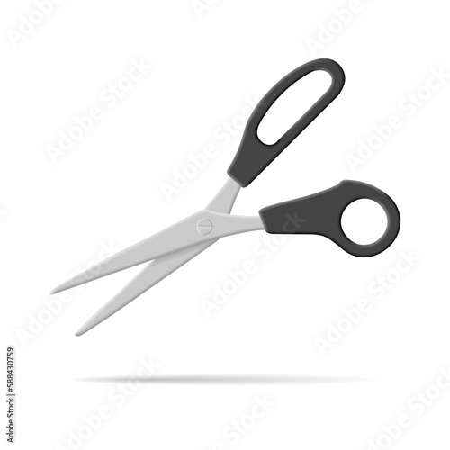Stationery scissors realistic 3d vector illustration. Office cutters with rings black handles steel blade.