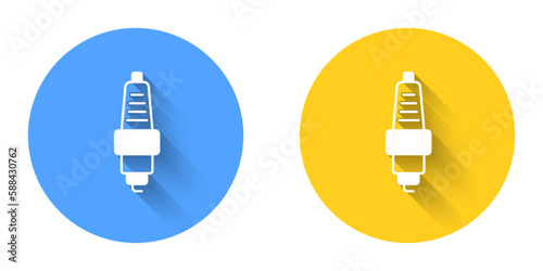 White Car spark plug icon isolated with long shadow background. Car electric candle. Circle button. Vector