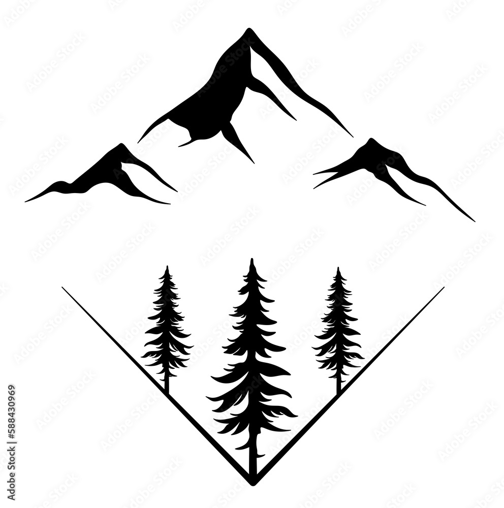Black mountains logo with trees. Mountain silhouette. Rest in the wild. Hiking in the mountains.