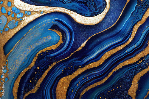 Blue and golden acrylic liquid ink swirl abstract background with ravishing turbulence wavy pattern and detailed texture. Luxury fluid liquid art by Generative AI.