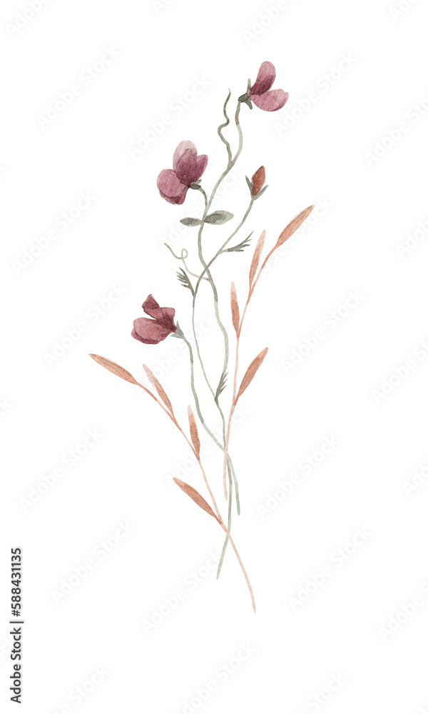 Beautiful floral stock illustration with hand drawn watercolor wild field flowers. Clip art.