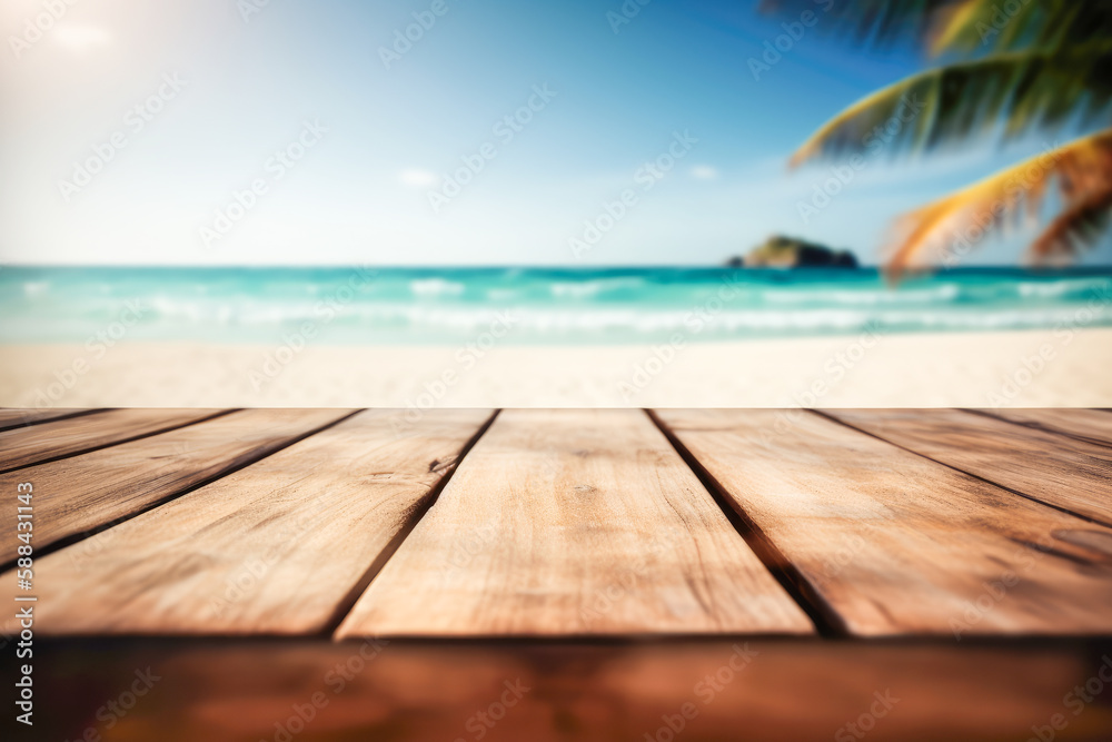 Fototapeta premium Empty wooden table top, product display, showcase stage on tropical summer beach background. Generative AI.
